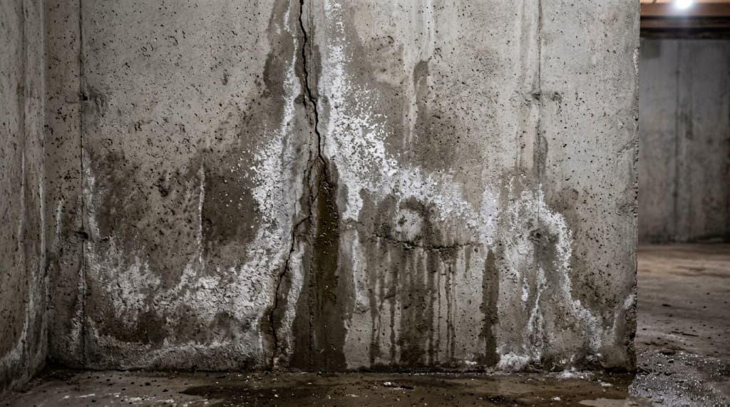 Mur de fondation avec efflorescence, humidité et fissure visible